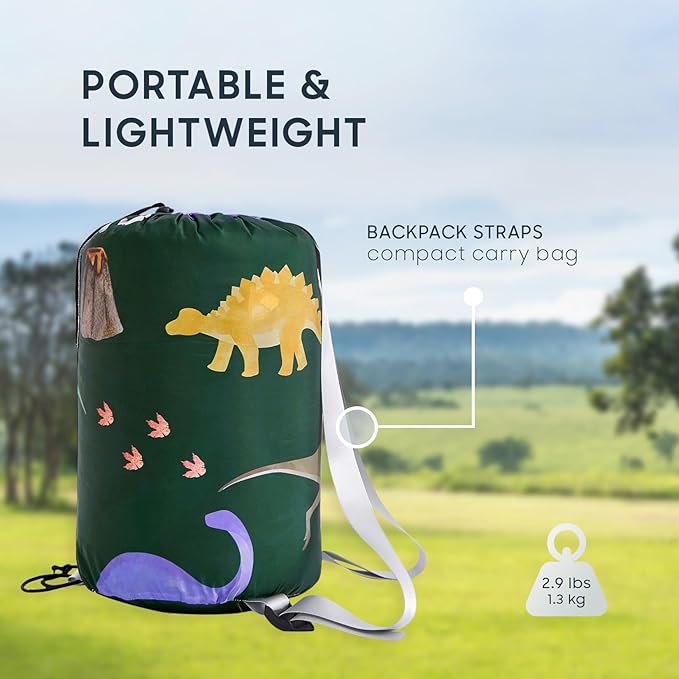 Wake In Cloud - Kids Sleeping Bag for Boys Toddlers, Camping in Warm Cold Weather, Backpacking Lightweight Compact Outdoor Liner for 3 Seasons, Watercolor Dinosaurs