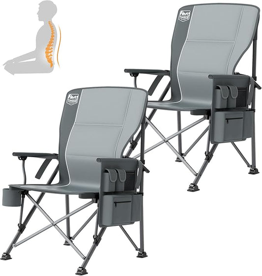 TIMBER RIDGE Oversized Folding Camping Chair with Lumbar Support Adjustable High Back Heavy Duty for Adults Support up to 500lbs with Cup Holder, Cooler Bag, Side Pocket, Grey 2 Pack