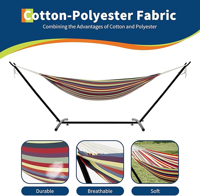 Garvee Instant Setup Hammock with Reinforced Steel Frame, Portable Outdoor Hammocks for Garden Camping, Heavy Duty Garden Yard Outdoor 350 LBS Capacity, Rainbow Stripes