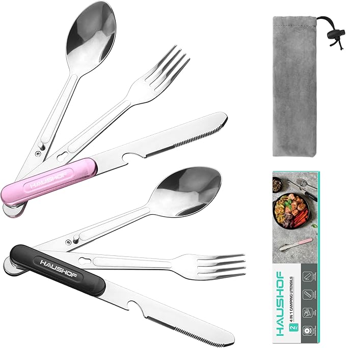 HAUSHOF 2-Pack 4-in-1 Camping Utensils, Stainless Steel Camping Eating Utensils with Carrying Bag, Detachable Spoon, Fork, Knife, Bottle Opener - Travel Utensil Set for Hiking, Picnic, Barbecue