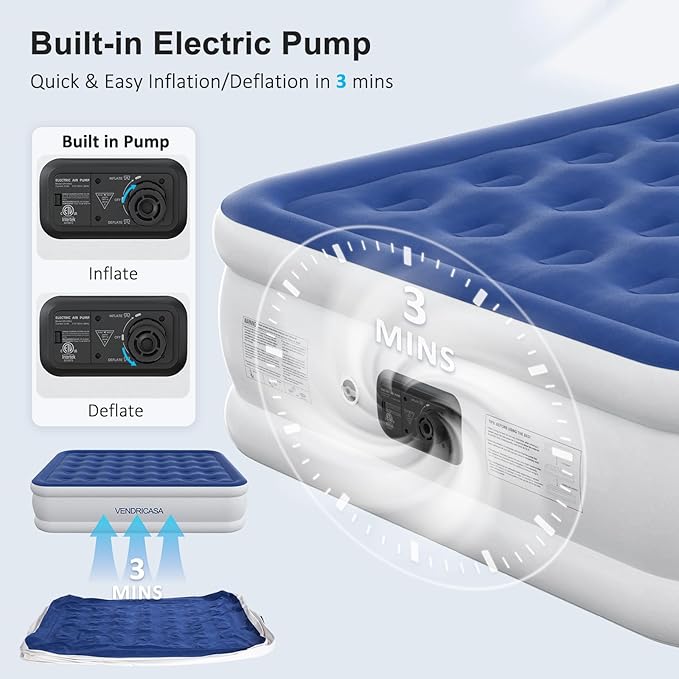 Full Air Mattress with Built in Pump, 18" Raised Inflatable Mattress, Self Inflating Blow Up Bed, Comfort Portable Air Bed with Carry Bag for Camping, Home, Guests, Travel 650 lbs Max