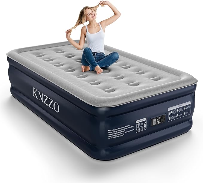 KNZZO Twin Air Mattress with Built-in Pump, 18" Top Inflatable Mattress with Waterproof Flocking Fabric, Three-Minute Quick-Inflatable Bed. Portable Blow Up Mattress for Home, Outdoor and Guests