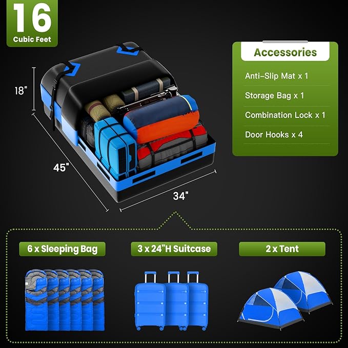 APTY Car Rooftop Cargo Carrier Bag, 16 Cubic Feet Soft Roof Top Luggage Bag for All Vechicles with/Without Racks - with Waterproof Zip, Anti-Slip Mat, Door Hooks, Luggage Lock, Storage Bag