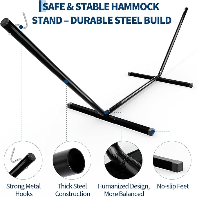 12 FT Outdoor Hammock Stand Heavy Duty Steel, Portable 2 Person Hammock Frame with Hooks and Chains, 450 LBS Capacity Hammock Holder for Patio Backyard Garden, Black