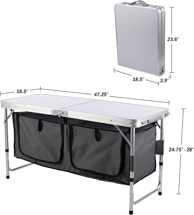 Folding Camping Table with Storage - Lightweight and Portable Aluminum Camp Table with Adjustable Height for Outdoor Travel, Beach, BBQ, Party, Picnic, and Glamping by Wakeman Outdoors