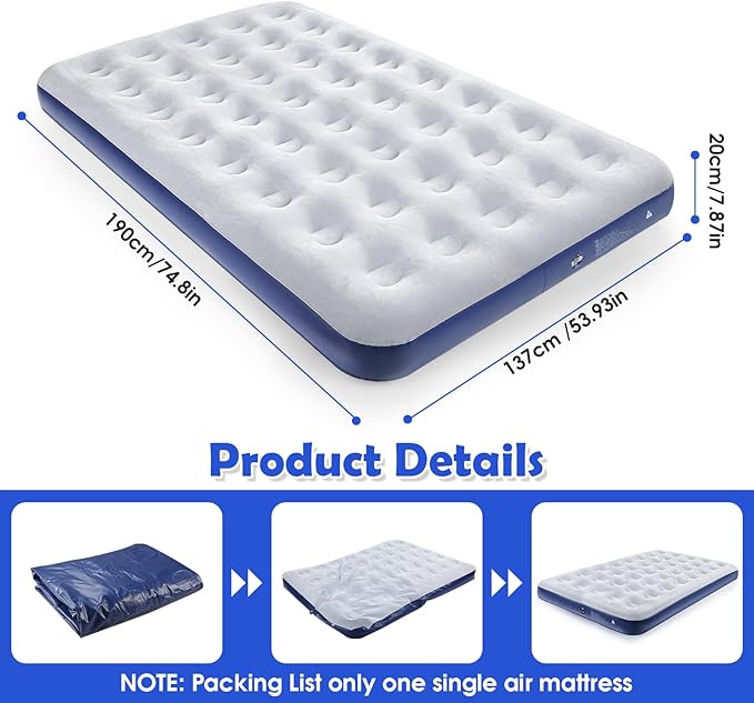 Full Size Camping Air Mattress Leak Proof Travel Bed Sleeping Pad Portable Air Bed for Home Camping SUV Truck RV Tent (Double Size)