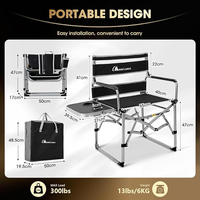 MOON LENCE Directors Camping Chair, Heavy Duty,Oversized Portable Folding Chair with Side Table for Beach, Fishing,Picnic,Lawn,Outdoor Event (Black, 2PCS)