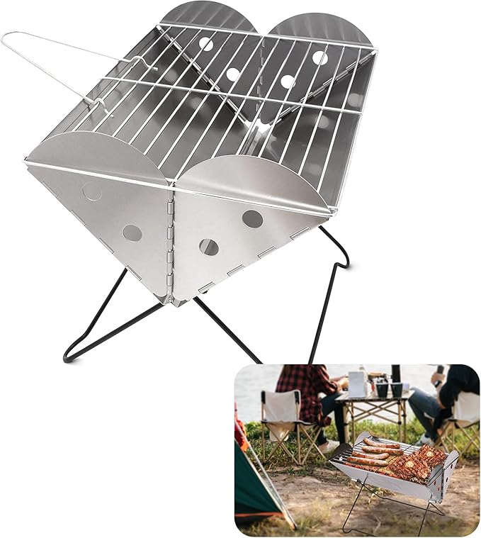 Vaygway Flatpack Portable Foldable Stainless Steel Grill and Fire Pit- Premium Quality Portable Travelling BBQ Grill- Wood Burning Charcoal Grill- For Camping, Hiking, Picnics (1 Pack)