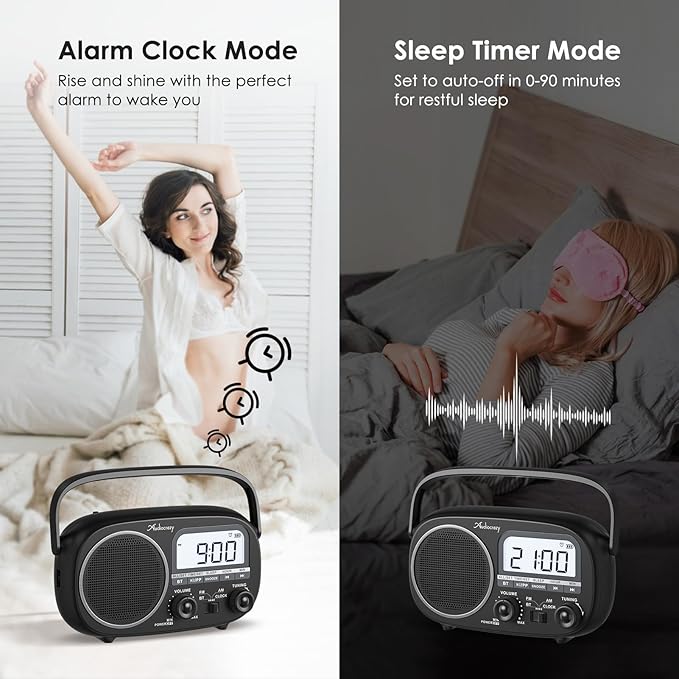 Portable Radio AM FM with Bluetooth,Built-in Rechargeable Battery/Plug in Wall/4*D Cell Battery Operated, Digital Time Display, Transistor Radio for Home,Outdoor,Gift,Seniors Space Black