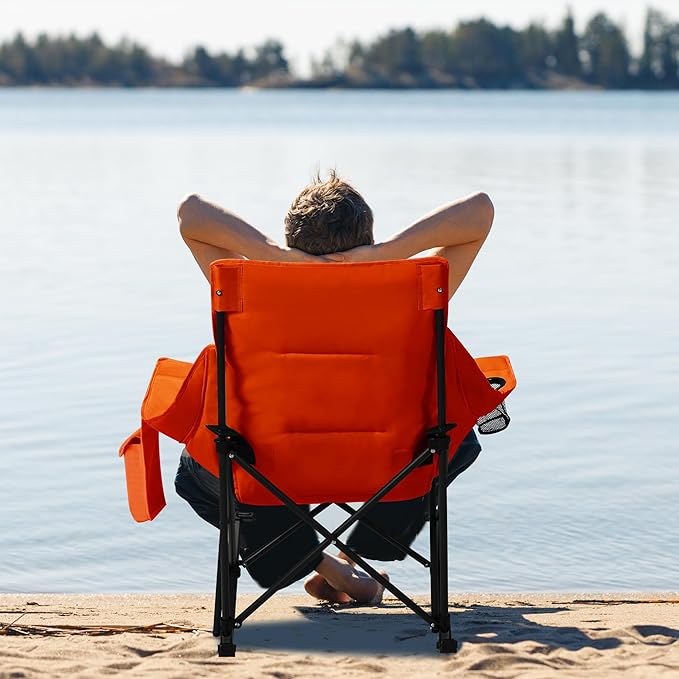 Unisakey Oversized Rocking Camping Chair with Headrest & Cup Holder - 400lbs Capacity, 600D Oxford Fabric, Easy Fold Portable Outdoor Rocker Chair for Camping, Backyard, Beach, Orange