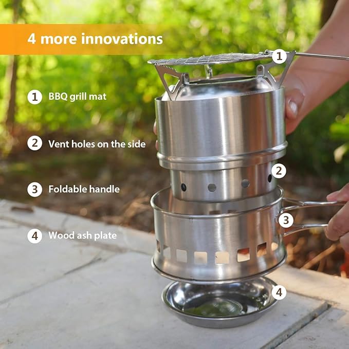 TOMSHOO Camping Stove, Portable Folding Windproof Wood Burning Stove Compact Stainless Steel Alcohol Stove Outdoor Camping Hiking Backpacking Picnic BBQ