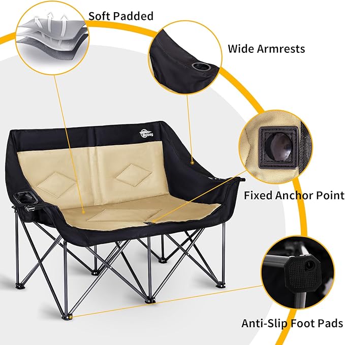 Bolosy Double Camping Chair Loveseat Camping Chair Double Folding Chair Camp Chairs for Adults Heavy Duty Two Person Camp Chair Padded Camping Couch 2 Person Lawn Chairs - Support 650 lbs - Khaki