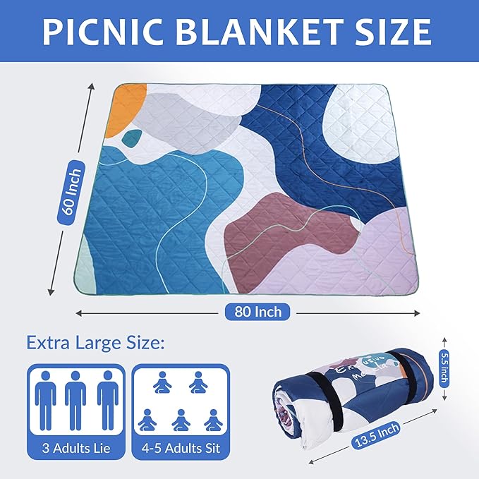 Exclusivo Mezcla Waterproof Picnic Blankets 60x80 Inch, 3 Layer Extra Large, Sandproof and Foldable Outdoor Blanket for Beach Camping, Park and Travel
