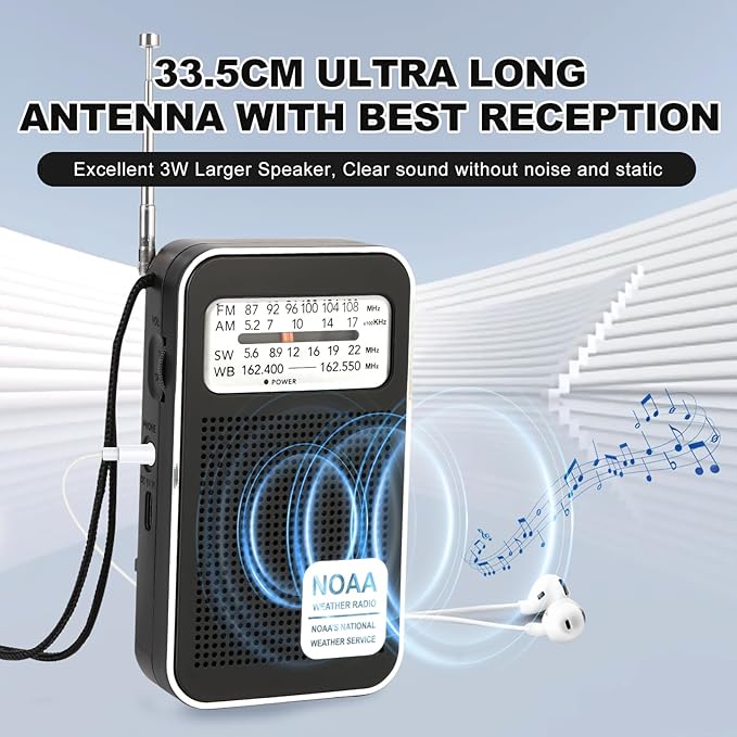 4 Bands AM FM SW NOAA Weather Radio, Portable Pocket Radio with Earphone Jack & Speaker, Rechargeable & Battery Powered, Compact Emergency Radio for Hurricane Home Outdoor Walking