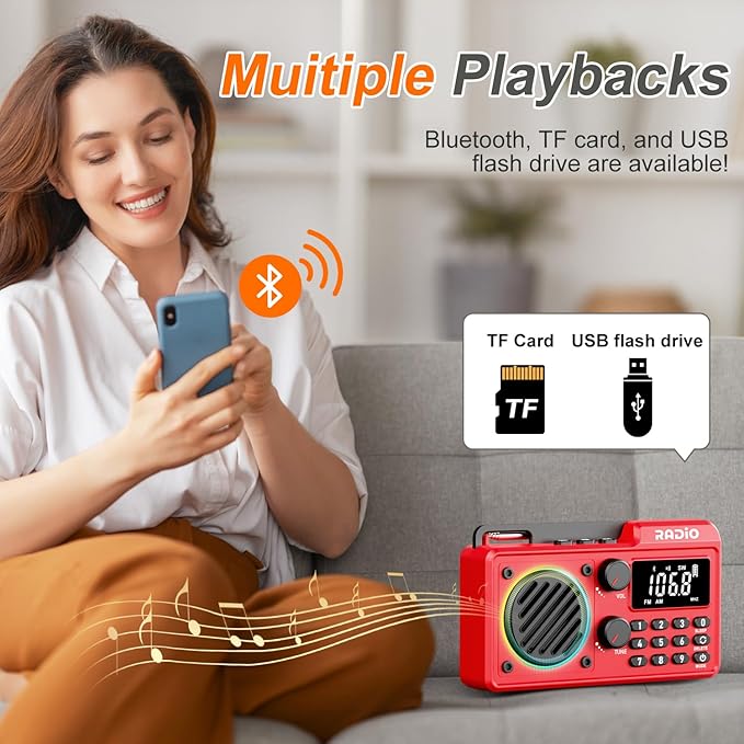 Portable Radio AM FM 1500mAh Rechargeable with Best Reception, Transistor shortwave Radio Wireless Bluetooth Speaker, with Large LCD Screen, Support TF Card U Disk, Earphone, Sleep Timer (Red)