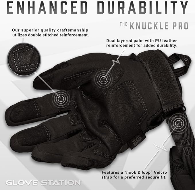 Glove Station Tactical Gloves for Men – Touchscreen Utility Gear with Hard Knuckle Protection Used in Motorcycle, Airsoft, Combat, Police, Shooting & Outdoor Work Black - Hard Knuckle Large
