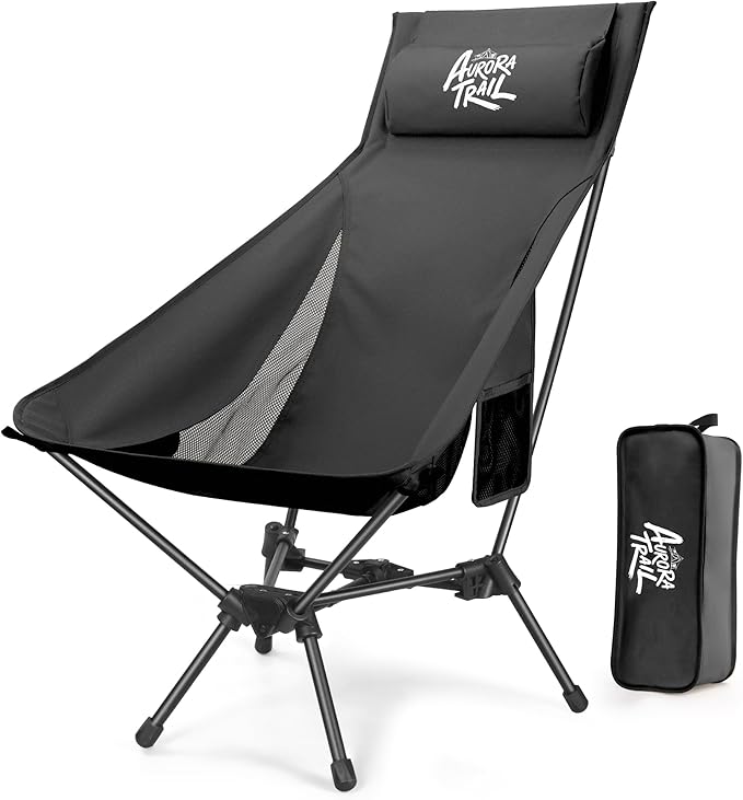 AuroraTrail High Back Folding Camping Chair with Pillow – Lightweight Portable Outdoor Chair with Cup Holder & Carry Bag, Sturdy Aluminum Frame Supports up to 374 lb for Camping, Hiking & Festivals