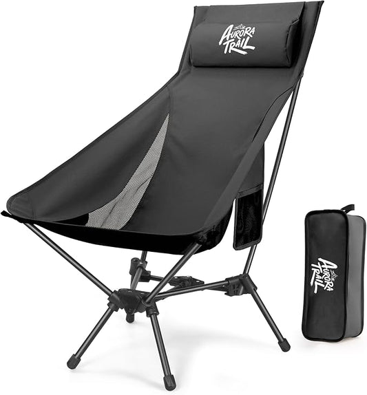 AuroraTrail High Back Folding Camping Chair with Pillow – Lightweight Portable Outdoor Chair with Cup Holder & Carry Bag, Sturdy Aluminum Frame Supports up to 374 lb for Camping, Hiking & Festivals
