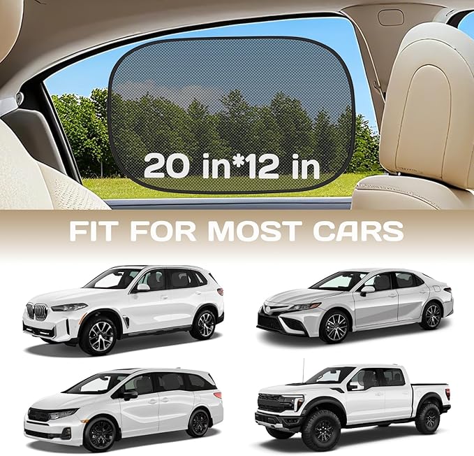 Car Window Shades for Baby, 4PCS 20"x12" Static Cling Window Shade, Window Covers for Side Front Back Windows, Blocks UV, Universal Fit, Pop Open Design