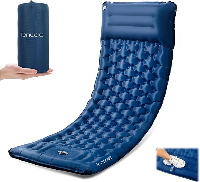 Toncoke Sleeping Pad, 4.7" Extra-Thick & Ultralight Inflatable Camping Mat with Pillow, Built-in Foot Pump, Compact for Backpacking, Camping, Hiking, Travel — Navy Blue