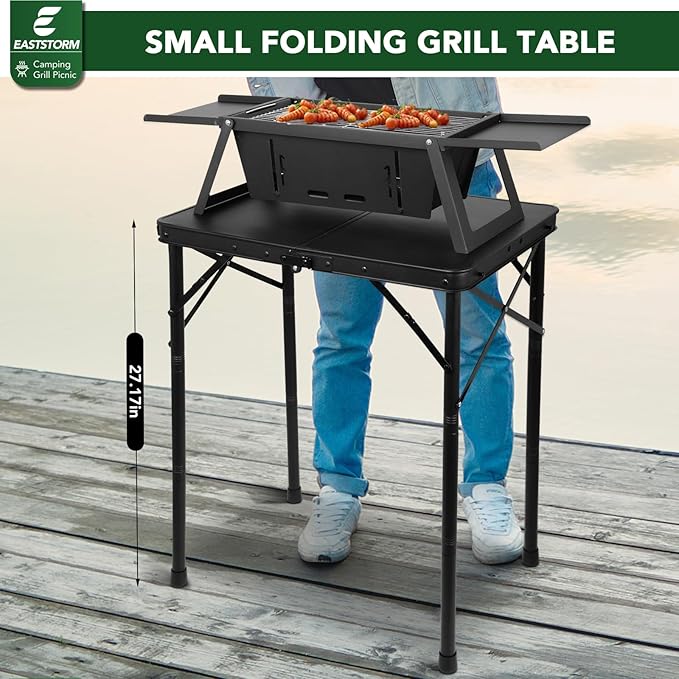 E EASTSTORM Small Metal Folding Table 3 Adjustable Heights, 23.6''×15.7''×27'' Heavy-Duty Portable Picnic Table for Outdoor Camping, Garden, Patio, Grill, BBQ, Party, 2Ft (Small, Black)