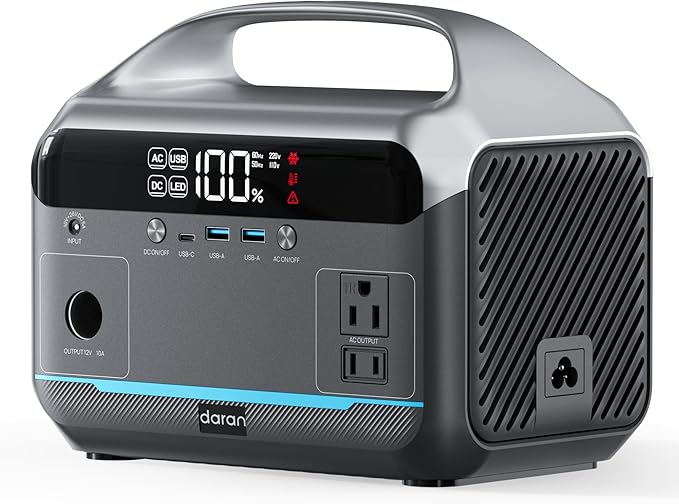 DaranEner Portable Power Station 600W, 288Wh LiFePO4 Battery Backup Power w/2×600W AC Outlets (1200W Surge), 2.2H Fast Charging, Solar Generator for Outdoor Camping/RVs/Home Emergency (Solar Optional)
