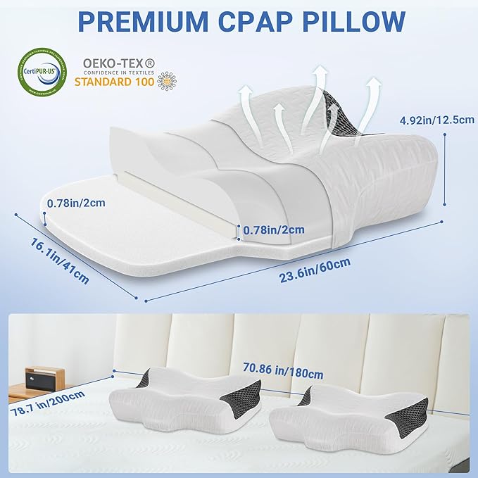 Elviros Cervical Neck CPAP Pillow for Sleeping, Ergonomic Adjustable Height Neck Support Memory Foam Bed Pillow for CPAP Users with Sleep Apnea, Suitable for Side and Back Sleepers