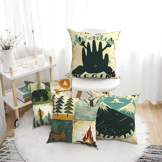 Best Gifts Set of 4 Throw Pillow Cover Bear Adventure Mountains Arrow Campfire Outdoor Forest Trees Let's Go Camping Travel Cushion Case Double-Sided Plush Decorative Pillowcase 18"X18" (Green 4)