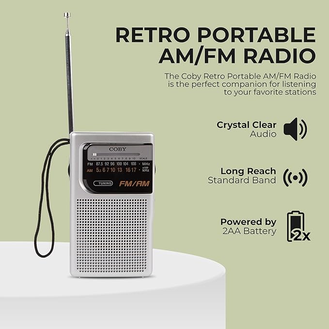 Coby Portable AM/FM Radio – Retro Battery Operated Pocket Radio with Powerful Speakers, Long 800-Hour Battery, Clear Reception, Emergency & Travel Transistor Device for Home or Outdoors