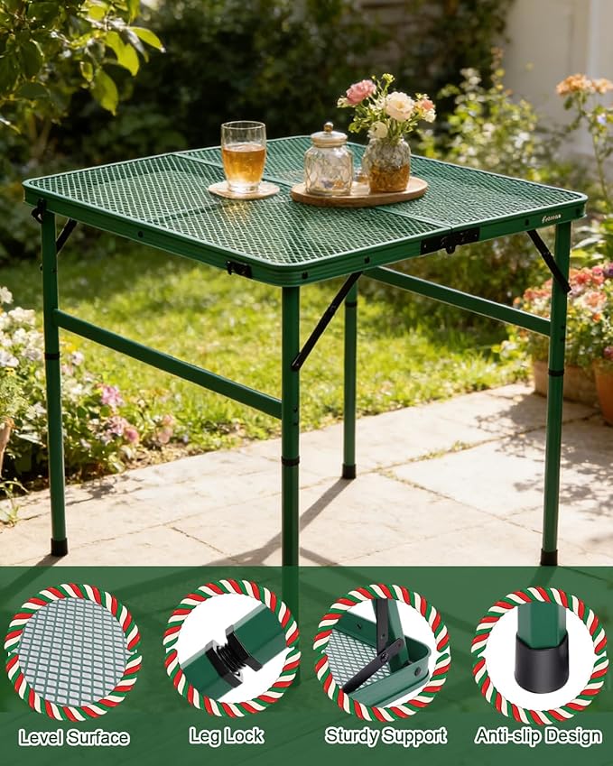 Square Folding Card Table with Adjustable Height (12" & 26"), Green Portable Metal Mesh Table for Camping, BBQ, Picnic, Game, Patio & Indoor Use, Fits 2–4 People, Lightweight 7.6 lb, Supports 66 lb