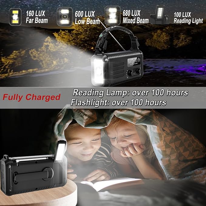 Emergency Hand Crank Radio, NOAA Weather Radio, 20000mAh Rechargeable Solar AM/FM Radio, Portable USB-C Fast Charger, Flashlight, Reading Lamp SOS Alarm for Hurricane Storm Camping Hiking (Black)