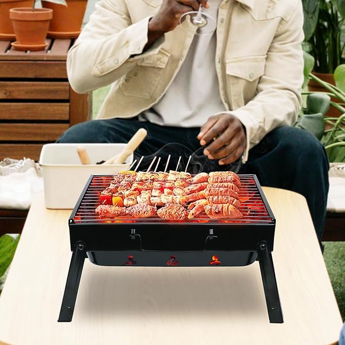 Portable Charcoal Grill for Camping Tailgating Beach Boating Foldable Small Barbeque Grill for Outdoors Lightweight Tabletop BBQ Grill Set with Tongs Gloves Scrubber (14''x10'')