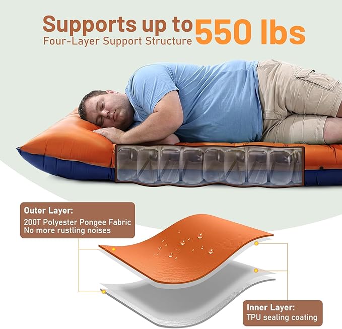 KASBAH Camping Sleeping Pad,Extra Wide 6 inch Thick Inflatable Sleeping Pads with Built-in Foot Pump and Pillow,Ultralight Camping Mat Gear for Outdoor Hiking,Camping