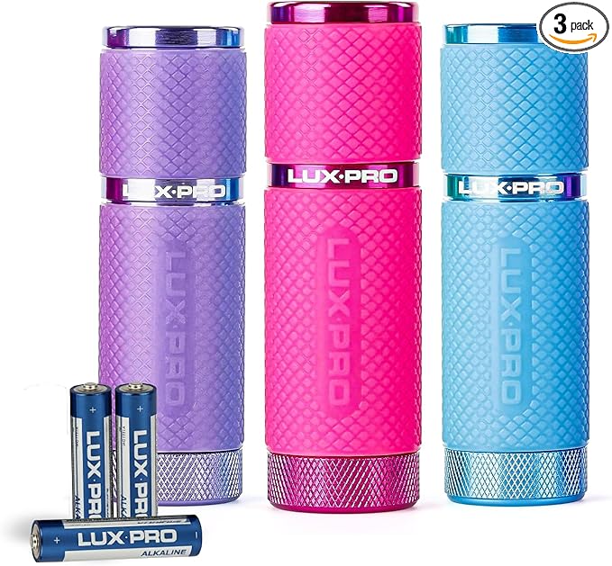 LUXPRO 3 Pack Mini Flashlights - LP395 Gel Glow in Dark - Aluminum LED Flashlights with Maximum Brightness of 40 Lumens - IPX4 Water Resistant - 3 AAA Batteries Included - Pink, Purple & Blue