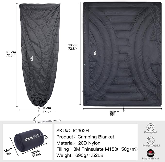iClimb 3M Thinsulate Insulation Warm Camping Blanket Ultralight Compact