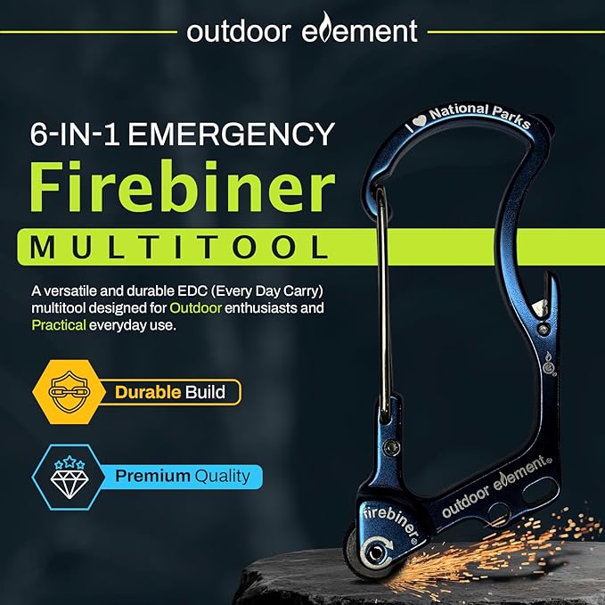 OUTDOOR ELEMENT Firebiner Custom Engraved 6-in-1 Fire Starter Carabiner Multitool – Survival Gear EDC Keychain with Utility Blade, Bottle Opener, Screwdriver, Emergency Tool
