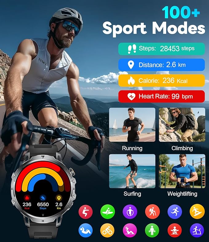 Military Smart Watch for Men, 1.85" HD Large Screen, Bluetooth Call/1000mAh/Flashlight/Heart Rate Sleep Monitor, 110+ Sports Modes Fitness Tracker Watch for Android iOS, Holiday, Black-Orange