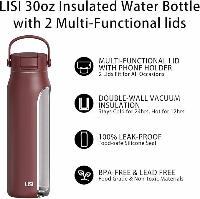 LISI 30oz Insulated Water Bottle, Double Wall Stainless Steel Water Bottles with Straw, 100% Leak-Proof Travel Thermal Canteen Mug with 2 Lids (Straw, Phone Holder Lid) & Cleaning Brush