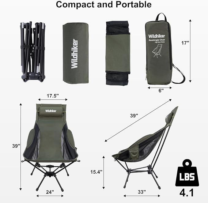 Wildhiker Portable Compact Folding Camping Chairs – Lightweight High Back with Pillow, Deep Recline, ArmPads, Side Pockets-for Motorcycle, RV, Backpacking, Travel, Festival – Green