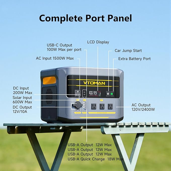 VTOMAN FlashSpeed 2400 Portable Power Station with 400W Solar Panel, 1408Wh LiFePO4, 2400W (Peak 3200W) Solar Generator with 10ms UPS, 1Hr Fast Charge for Home Backup, Power Outages, Camping
