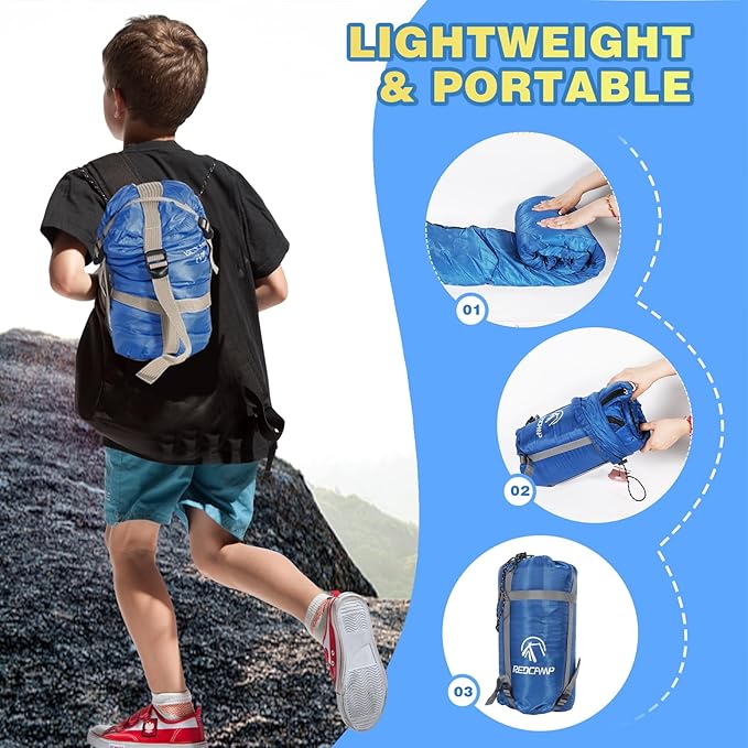 REDCAMP Kids Mummy Sleeping Bag for Camping, 3 Season Cold Weather Sleeping Bag Fit Boys,Girls & Teens, Blue/Rose Red