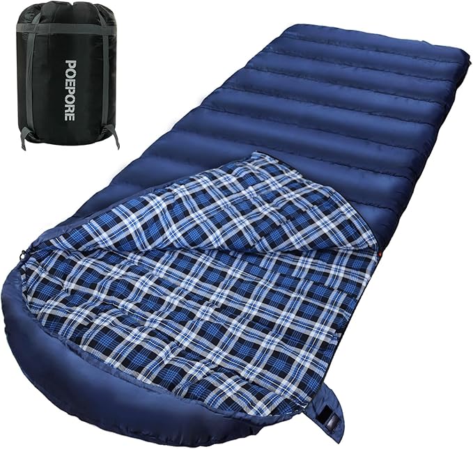 0 Degree Sleeping Bag 100% Cotton Flannel XXL Cold Weather Winter Oversized Sleeping Bag for Adults Camping Zero Degree Big and Tall with Compression Sack