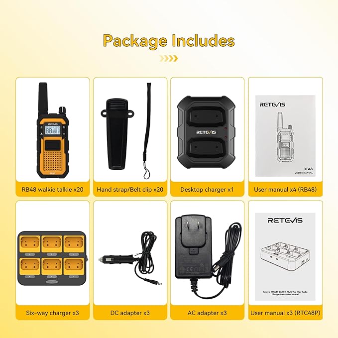 Retevis RB48 Heavy Duty IP67 Waterproof-Walkie Talkies,Covers up to 300,000 Square Foot-Business 2 Way Radios for Manufacturing Warehouse Construction Jobsite-Radios and 6-Way-Charger Bundle (20 Pack)