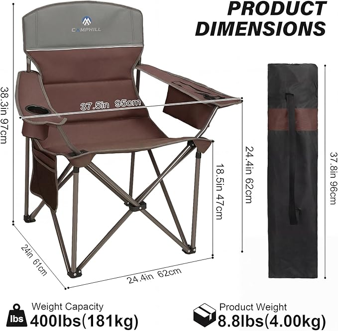 Oversized Camping Chairs 2 Pack - Heavy Duty 400LBS Padded Lawn Chair with Cooler Bag,Cup Holder,Side Pocket,Collapsible for Outdoor,Camp,Fishing & Garden,Maroon