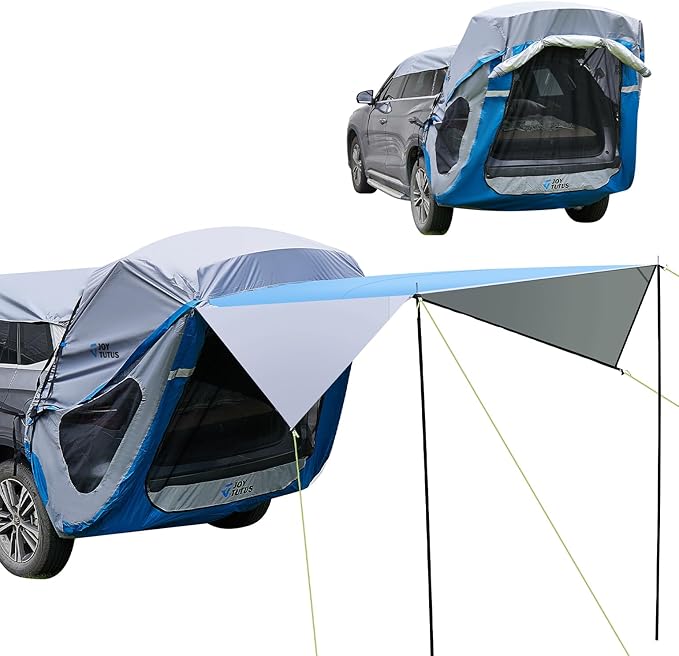 JOYTUTUS SUV Tailgate Tent with Three Sides Awning and Poles, Water Resistant SUV Camping Tent with Car Roof Cover, Car Camping Universal Fit Most SUVs, Cars, Grey Blue