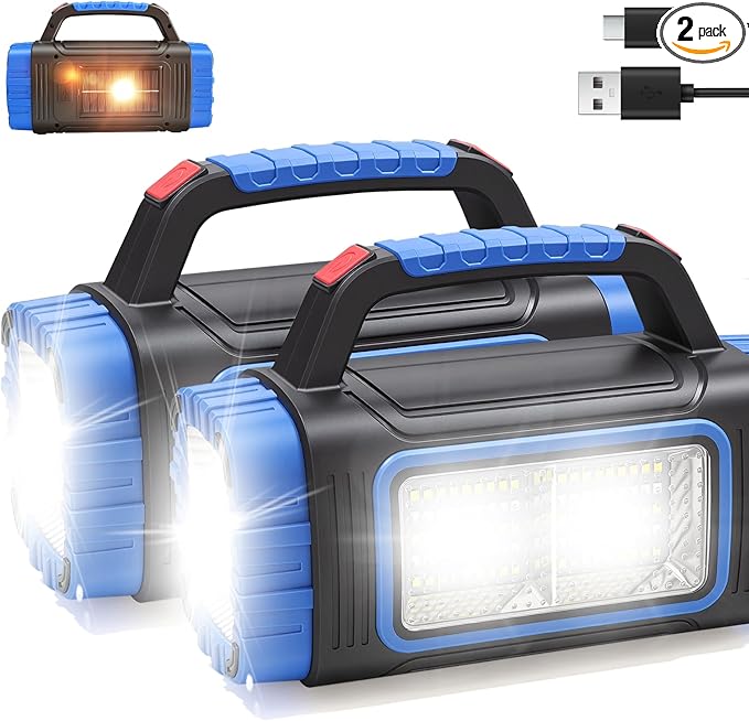 Solar Powered Flashlight Rechargeable, 8 Light Modes 2000mAh Battery 3000 Lumens USB LED Handheld Flashlights, Multi-Function Flashlight for Emergency Spotlight Camping Lantern Hiking (BLUE)2PCS