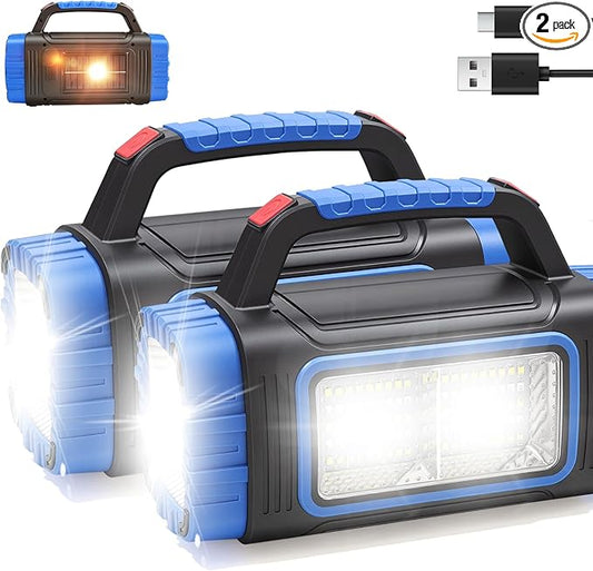 Solar Powered Flashlight Rechargeable, 8 Light Modes 2000mAh Battery 3000 Lumens USB LED Handheld Flashlights, Multi-Function Flashlight for Emergency Spotlight Camping Lantern Hiking (BLUE)2PCS