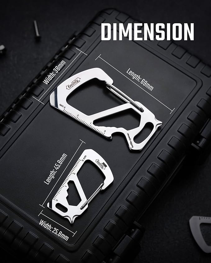 KeyUnity KS00S Carabiner Clip Multitool Stainless Steel 7 Tools in 1, Quick Release Clasp, Wrench, Cross Screwdriver, Slotted Screwdriver, Bottle Opener, Ruler, Key Holder (Silver,Small)