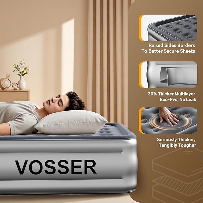 VOSSER Air Mattress Full with Built in Pump,18’’Blow Up Mattress,Self Inflatable Mattress in 3 Mins,Portable Air Bed for Camping,Floor&Travel,Full Size Air Mattress for Adults 660LB Max,Silver