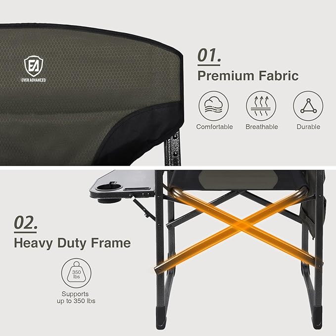 EVER ADVANCED Aluminum Lightweight Folding Director Chair, 350lbs Heavy Duty Camping Chair with Side Table & Storage, 19" Joint-Friendly Height Easy to Stand, Portable Makeup Artist & Vendor Chair